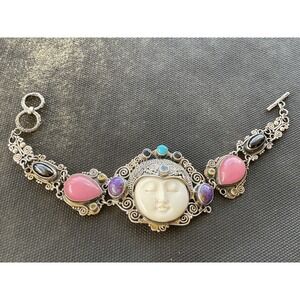 925 Sterling Silver multi gemstone carved sleeping face bracelet 54 grams vintag